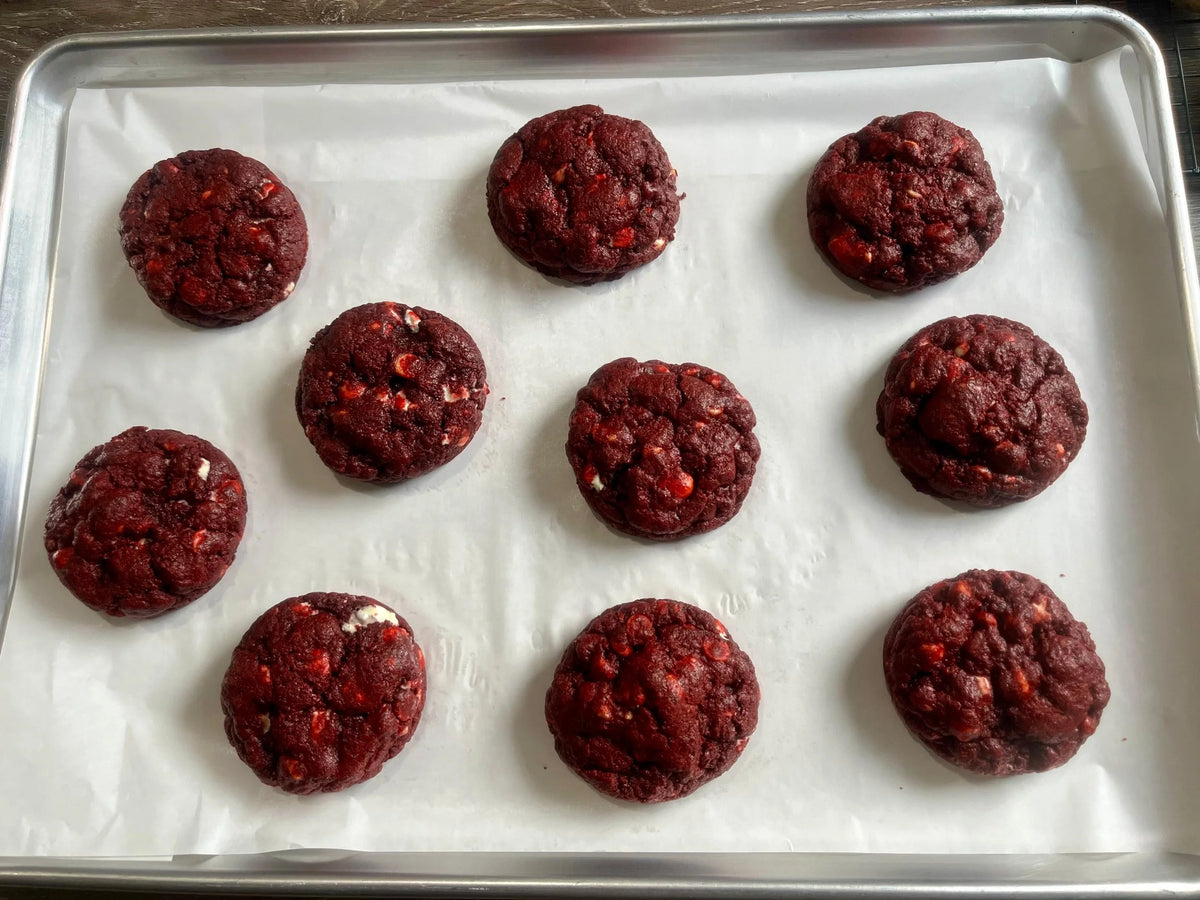 Red Velvet cookies with white chocolate, fresh from the bakehouse