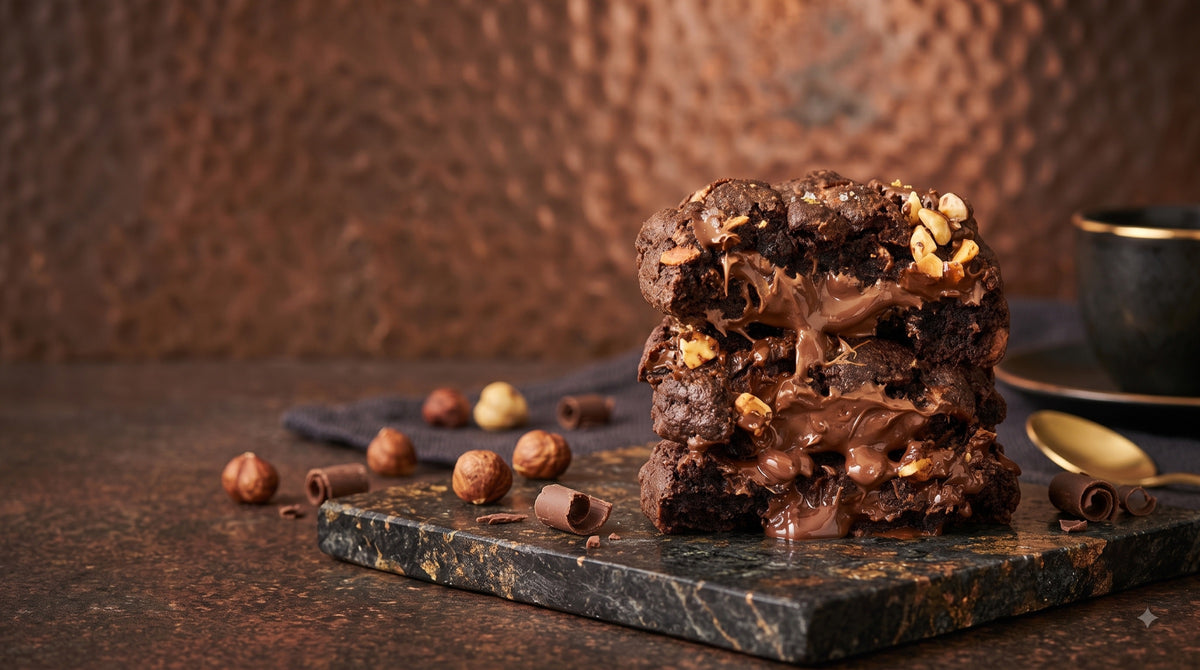 A stack of molten chocolate hazelnut cookies on a marble board